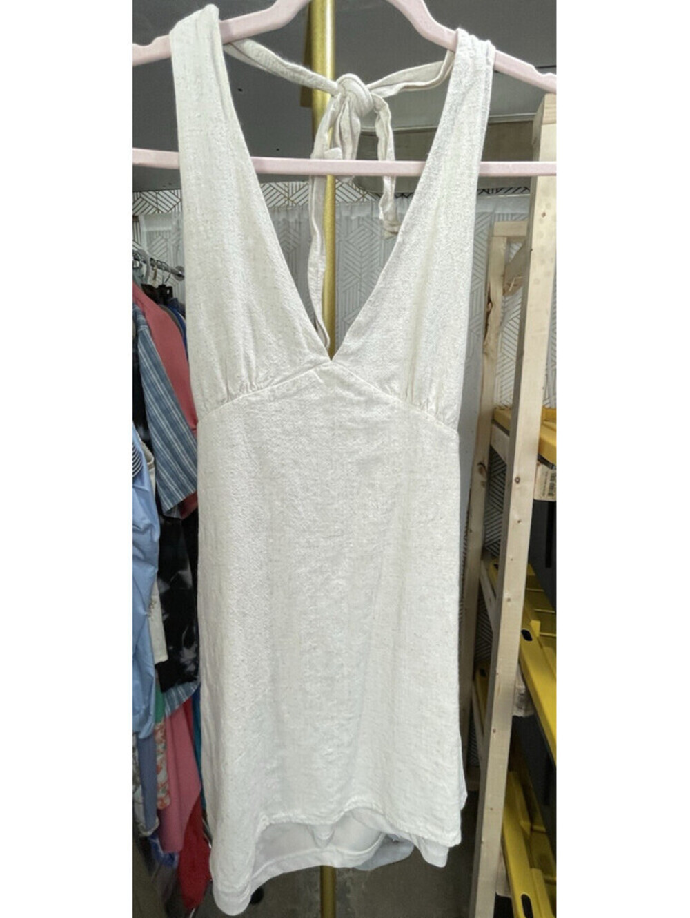 L.A. Hearts Beige Linen Blend Mini Halter Deep V Dress S Boho Summer Beach Sun